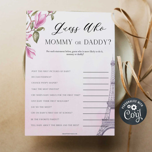 editable guess who said it baby game, Paris baby shower games, printable baby shower games, Parisian baby shower games, fun baby shower games