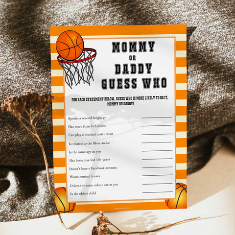 Basketball baby shower games, mommy or daddy guess who baby game, printable baby games, basket baby games, baby shower games, basketball baby shower idea, fun baby games, popular baby games