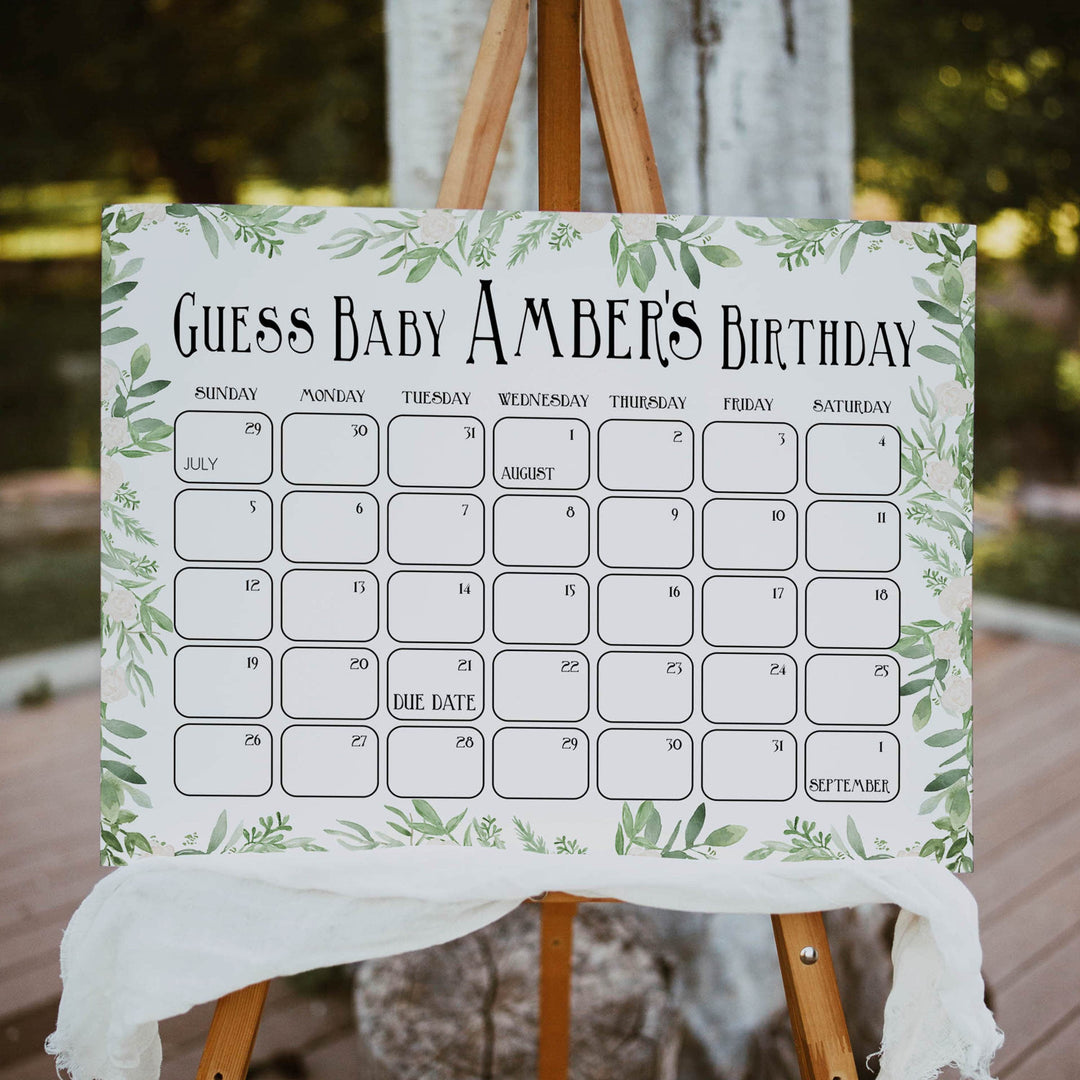 guess the baby birthday game, baby birthday predictions game, greenery baby game, fun baby shower games