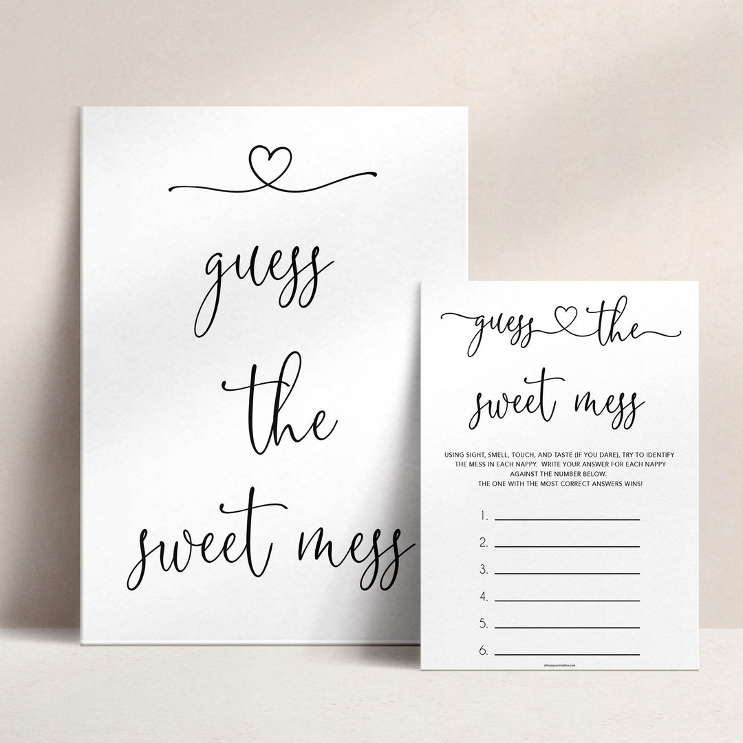 Minimalist baby shower games, guess the sweet mess baby games, 10 baby game bundles, fun baby games, printable baby games, top baby games, popular baby games, labor or porn games, neutral baby games, gender reveal games