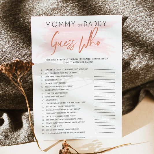pink swash mommy or daddy guess who game, baby shower games, printable baby shower games, fun baby shower games, popular baby shower games