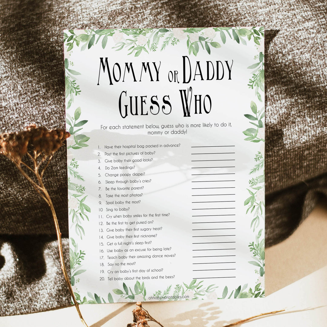 Mommy or Daddy Guess Who Baby Game, Printable Baby Shower Games,Greenery Baby Games, Floral Guess Who Baby Game, Mommy Daddy Guess Who, printable baby shower games, fun baby shower games, popular baby shower games