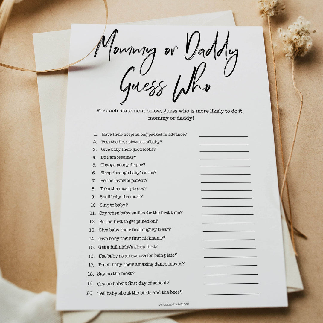 gender neutral baby shower games, guess whos likely, mommy or daddy baby games, printable baby shower, popular baby games, fun baby games, baby shower games