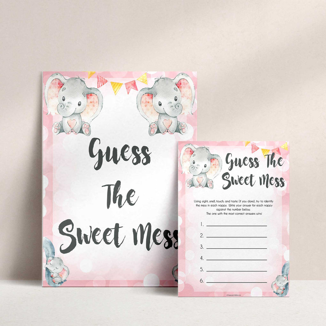 pink elephant baby games, guess the sweet mess baby shower games, printable baby shower games, baby shower games, fun baby games, popular baby games, pink baby games