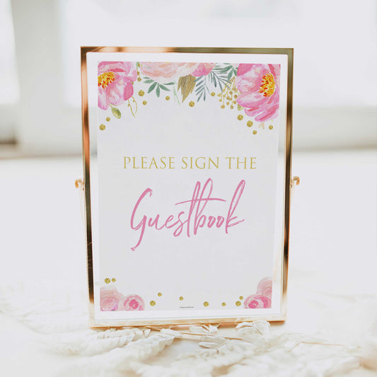 guestbook sign, printable bridal shower games, blush floral bridal shower games, fun bridal shower games