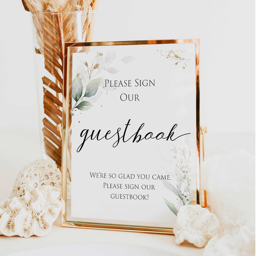 Gold green leaf baby signs, guestbook baby signs, printable baby shower decor, fun baby signs, top baby games to play, gold leaf baby shower decor, greenery baby shower ideas