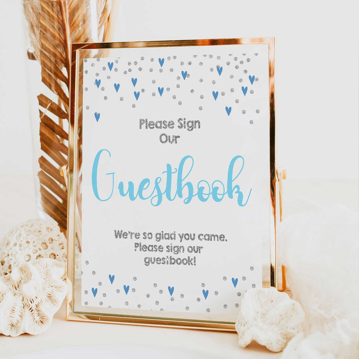 guestbook baby table sign, guestbook baby sign, Blue hearts baby decor, printable baby table signs, printable baby decor, silver glitter table signs, fun baby signs, blue hearts fun baby table signs