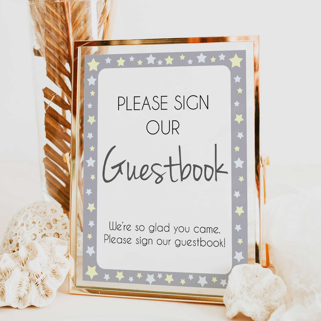 Printable baby signs, guestbook baby sign, yellow and grey stars, printable baby shower signs, top baby shower decor, baby printable decor