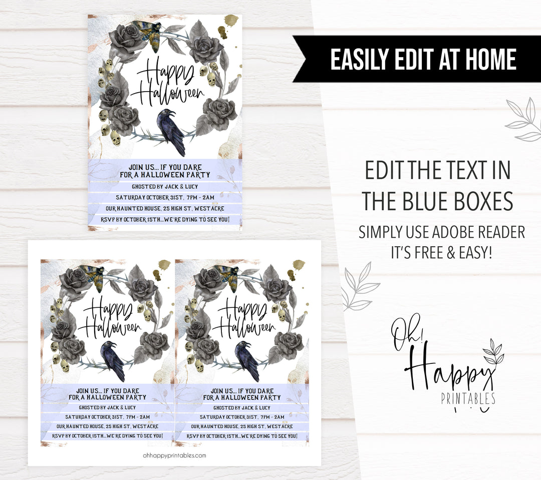 watercolour raven, halloween printable invitations, editable halloween invitations, fun halloween invites, halloween invites, halloween ideas