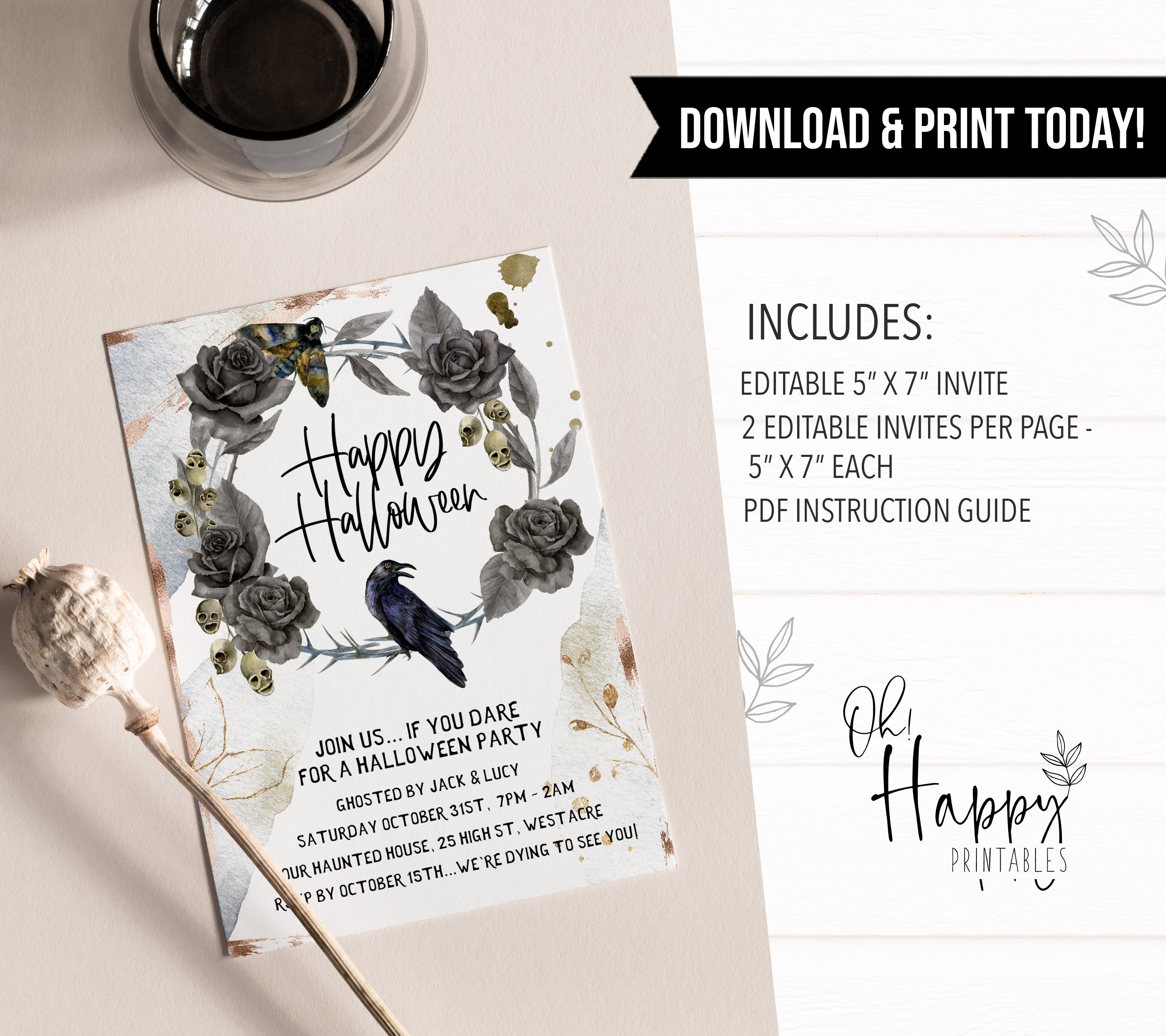 watercolour raven, halloween printable invitations, editable halloween invitations, fun halloween invites, halloween invites, halloween ideas