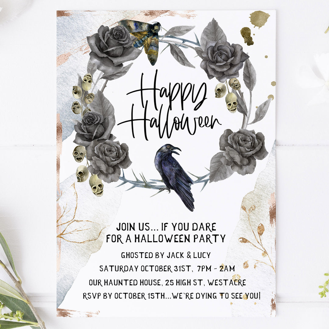 watercolour raven, halloween printable invitations, editable halloween invitations, fun halloween invites, halloween invites, halloween ideas