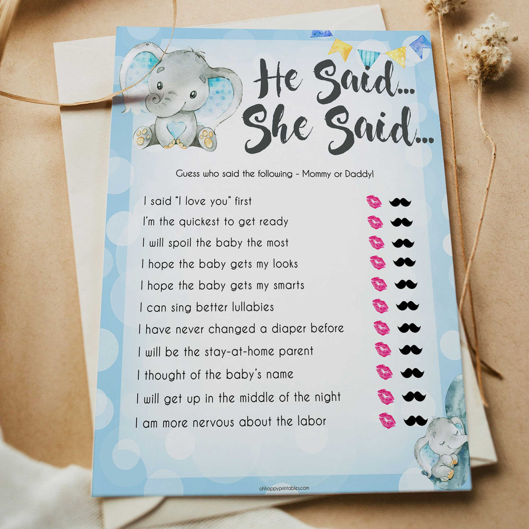 Blue elephant baby games, he said she said, elephant baby games, printable baby games, top baby games, best baby shower games, baby shower ideas, fun baby games, elephant baby shower