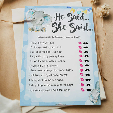 Blue elephant baby games, he said she said, elephant baby games, printable baby games, top baby games, best baby shower games, baby shower ideas, fun baby games, elephant baby shower