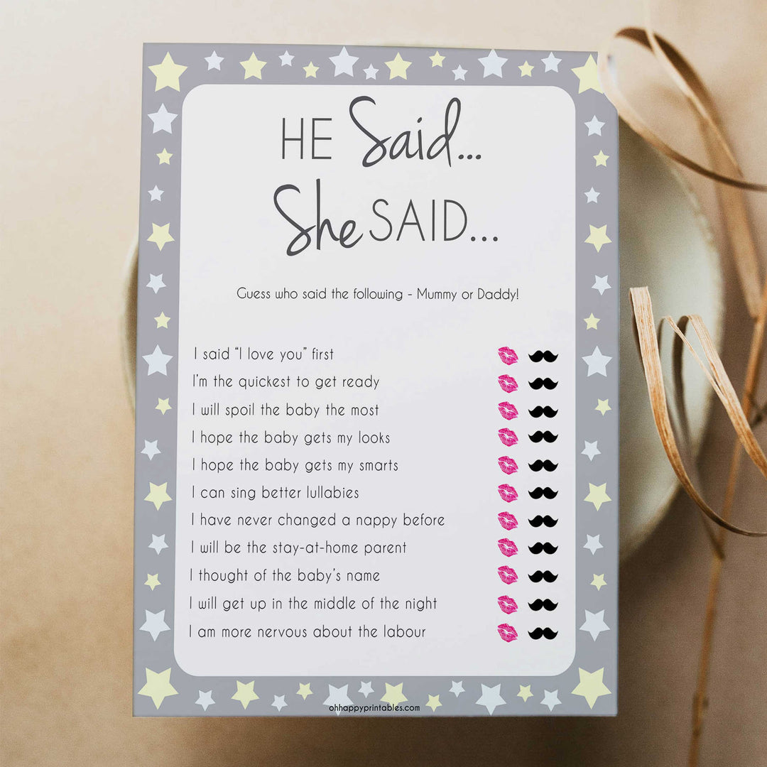 Grey Yellow Stars He Said She Said Baby Game, Who Said It, Pritnable Baby Shower Games, He Said She Said, Who Said It Mommy Daddy Game, fun baby shower games, popular baby shower games, printable baby shower games