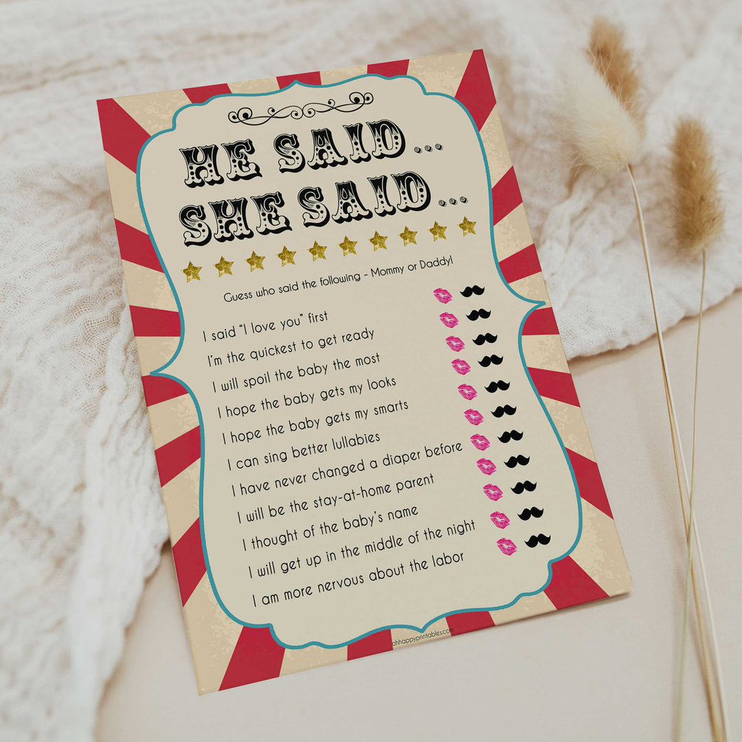 Circus he said she said baby shower games, circus baby games, carnival baby games, printable baby games, fun baby games, popular baby games, carnival baby shower, carnival theme