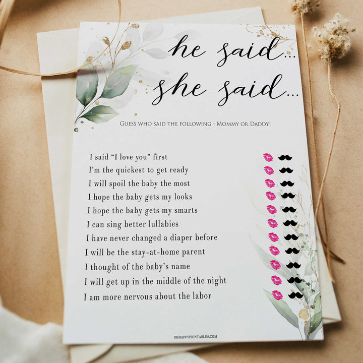 Gold green leaf baby games, he said she said, printable baby games, fun baby games, top baby games to play, gold leaf baby shower, greenery baby shower ideas