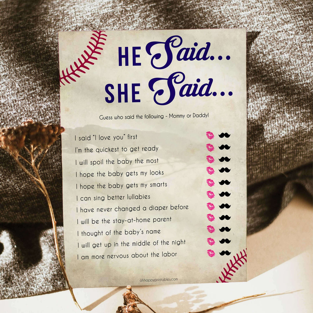 Baseball He Said She Said Baby Shower Game, Baby Shower, Who Said What Game, Fun Baby Shower Games, Baby Shower Games, He Said She, printable baby shower games, fun baby shower games, popular baby shower games