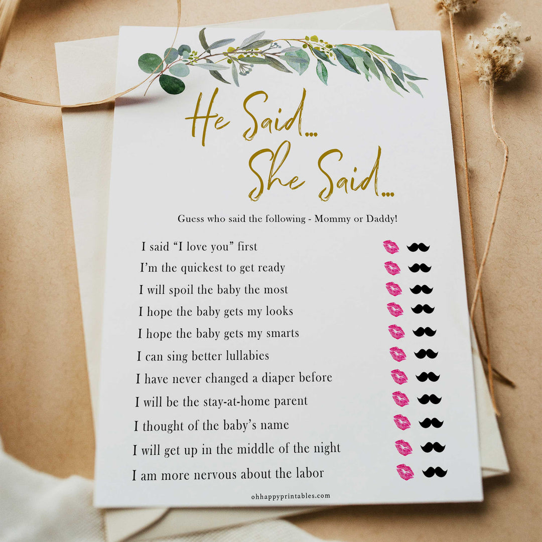 Eucalyptus baby shower games, he said she said baby game, fun baby shower games, printable baby games, baby shower ideas, baby games, baby shower baby shower bundle, baby shower games packs, botanical baby shower