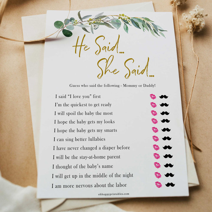 Eucalyptus baby shower games, he said she said baby game, fun baby shower games, printable baby games, baby shower ideas, baby games, baby shower baby shower bundle, baby shower games packs, botanical baby shower