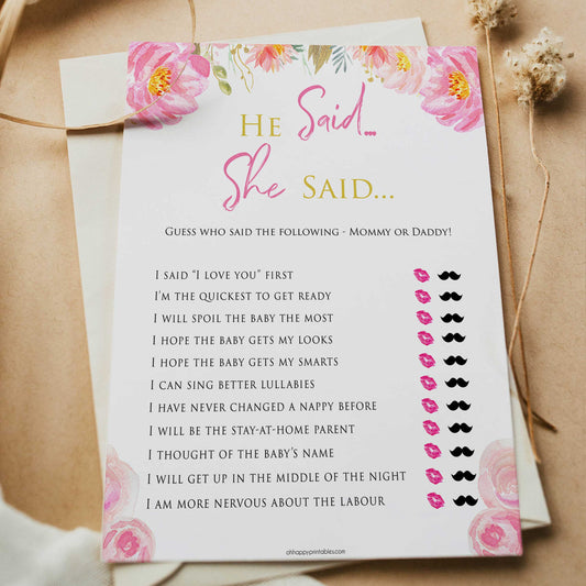 Pink blush floral baby shower he said she said, printable baby games, baby shower games, blush baby shower, floral baby games, girl baby shower ideas, pink baby shower ideas, floral baby games, popular baby games, fun baby games