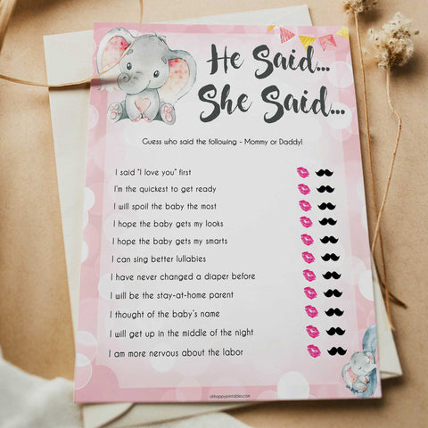 pink elephant baby games, he said she said baby shower games, printable baby shower games, baby shower games, fun baby games, popular baby games, pink baby games