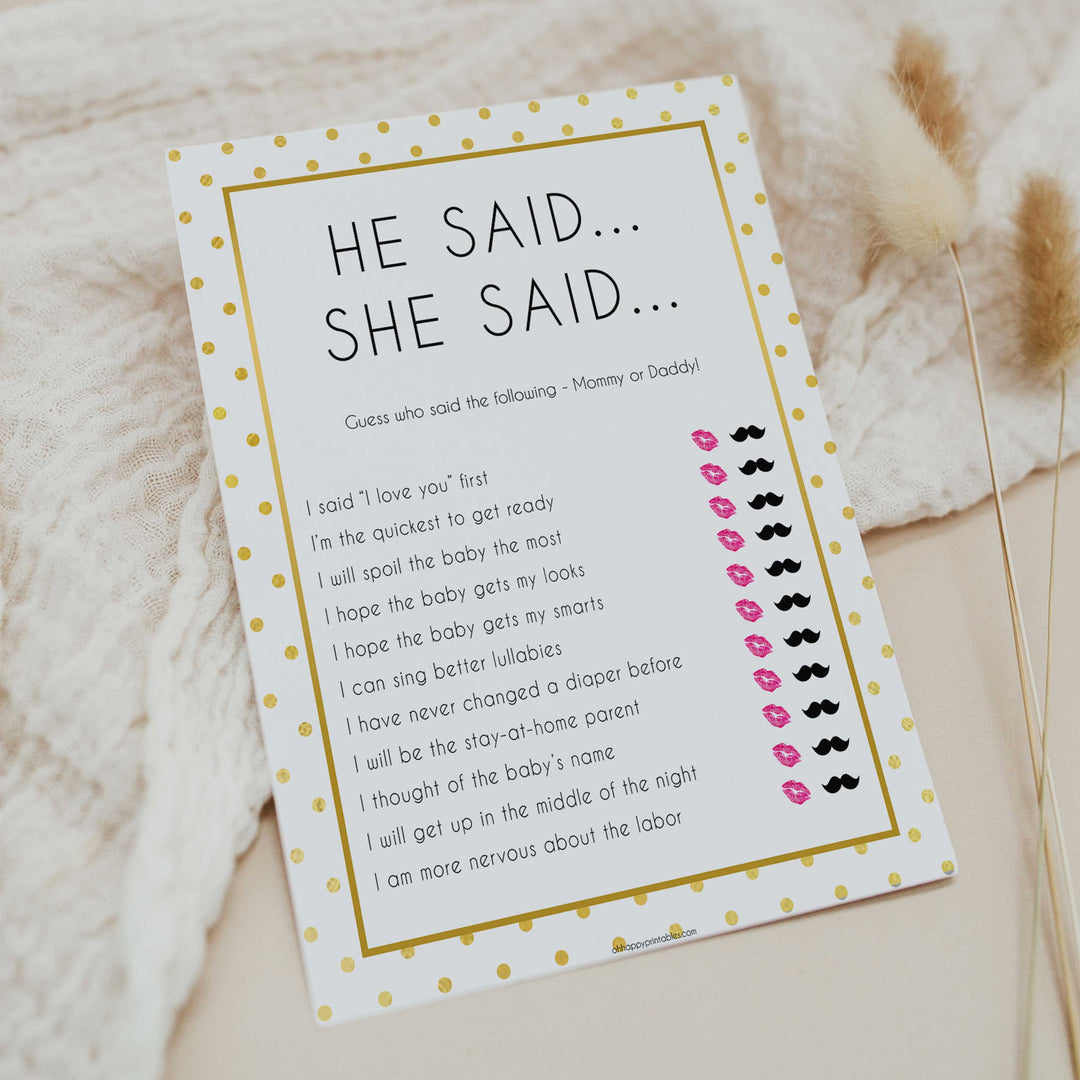 he said she said baby games, Printable baby shower games, baby gold dots fun baby games, baby shower games, fun baby shower ideas, top baby shower ideas, gold glitter shower baby shower, friends baby shower ideas