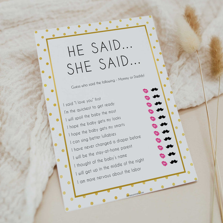 he said she said baby games, Printable baby shower games, baby gold dots fun baby games, baby shower games, fun baby shower ideas, top baby shower ideas, gold glitter shower baby shower, friends baby shower ideas