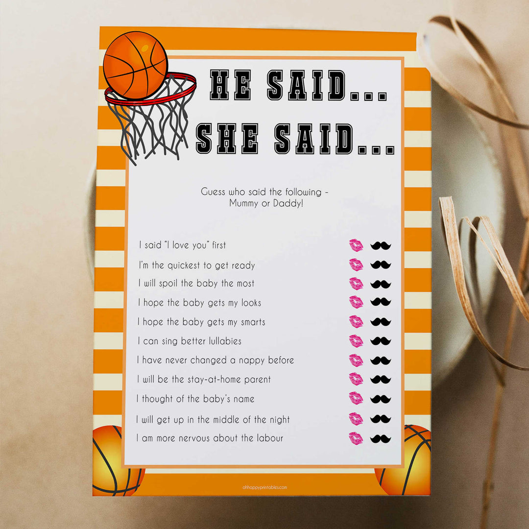 Basketball baby shower games, he said she said baby game, printable baby games, basket baby games, baby shower games, basketball baby shower idea, fun baby games, popular baby games