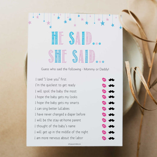 Gender reveal baby games, he said she said baby game, gender reveal shower, fun baby games, gender reveal ideas, popular baby games, best baby games, printable baby games, gender reveal baby games