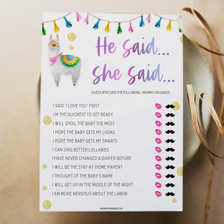 he said she said baby game, Printable baby shower games, llama fiesta fun baby games, baby shower games, fun baby shower ideas, top baby shower ideas, Llama fiesta shower baby shower, fiesta baby shower ideas