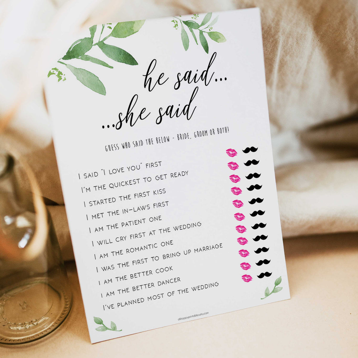 he said he said game, greenery bridal shower, fun bridal shower games, bachelorette party games, floral bridal games, hen party ideas