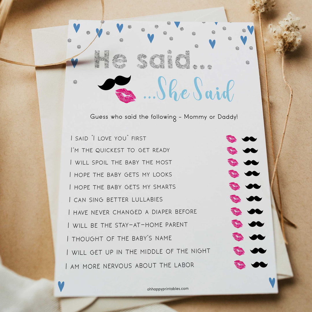 he said she said, baby who said it, Printable baby shower games, small blue hearts fun baby games, baby shower games, fun baby shower ideas, top baby shower ideas, silver baby shower, blue hearts baby shower ideas