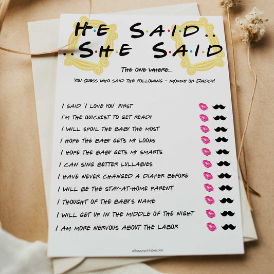 He Said She Said Baby Game, Printable baby shower games, friends fun baby games, baby shower games, fun baby shower ideas, top baby shower ideas, friends baby shower, friends baby shower ideas