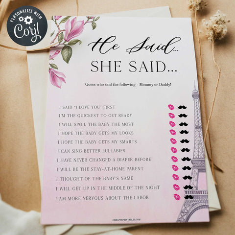 editable he said she said baby game, Paris baby shower games, printable baby shower games, Parisian baby shower games, fun baby shower games