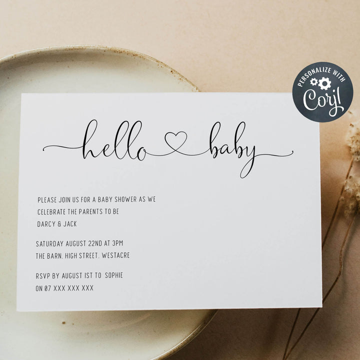 editable baby shower invitations, hello baby invitations, printable baby shower invitations, minimalist baby shower invitations