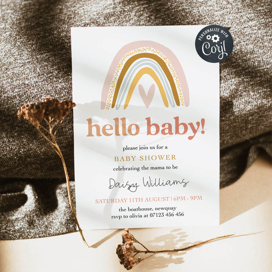 editable boho rainbow baby shower invitations, printable baby shower invitations, boho rainbow baby shower theme, baby shower invites