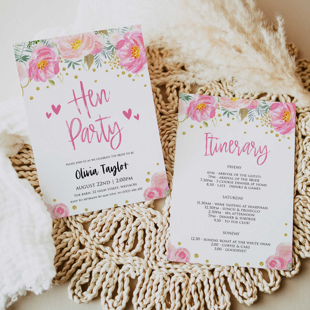 editable hen party invitations, editable bridal invite, blush gold bachelorette invitation, editable bridal shower invitations, corjl invite, bachelorette party invite, floral bridal invite