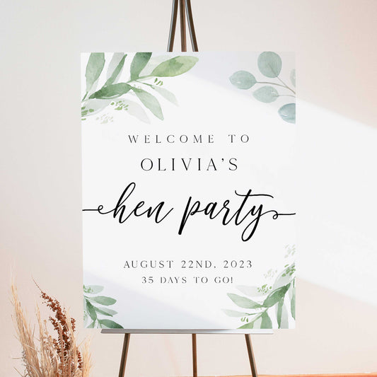 editable hen party welcome sign, printable hen party welcome sign, greenery hen party theme, floral hen party signs