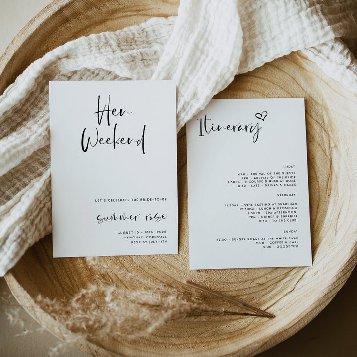 Fully editable and printable bridal shower hen weekend invitation with a modern minimalist design. Perfect for a modern simple bridal shower themed party