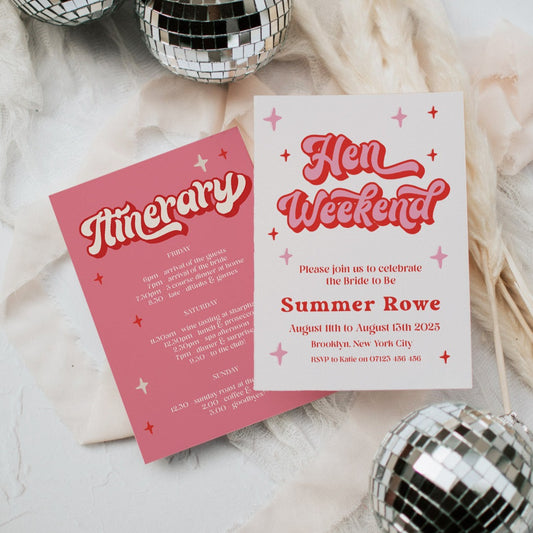 editable hen weekend invitation in 70s style. Fully editable hen party invitation that can be printed at home or with a print company