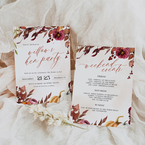 Fully editable and printable hen party invitation with a Fall design. Perfect for a fall floral bridal shower