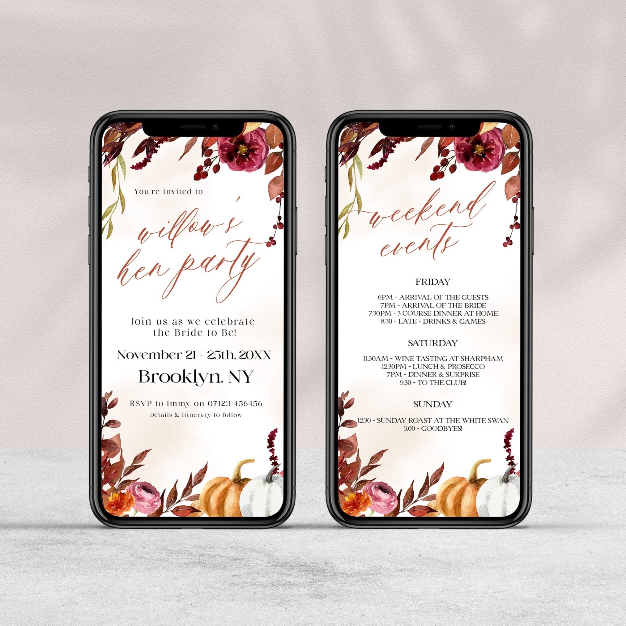 Fully editable hen party mobile invitation with a Fall design. Perfect for a fall floral bridal shower
