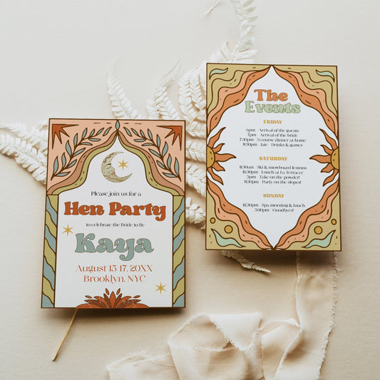 60s Gypsy Boho-inspired editable hen weekend invitation is the perfect way to add a touch of free-spirited charm to your special day
