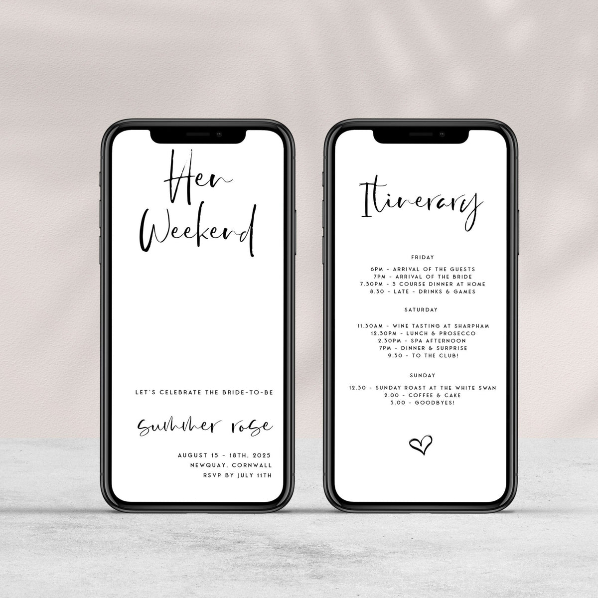 Fully editable hen weekend mobile invitation with a modern minimalist design. Perfect for a modern simple bridal shower themed party