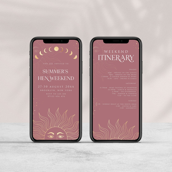 Fully editable and printable hen party weekend mobile invitation with a celestial design. Perfect for a celestial bridal shower themed party