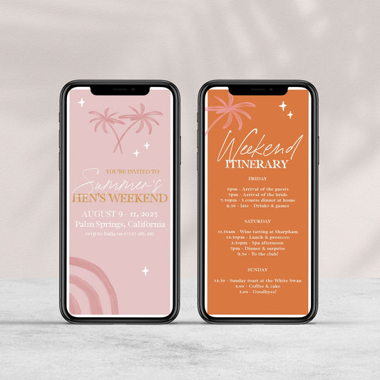 Fully editable and printable hen party mobile weekend invitation with a Palm Springs design. Perfect for a Palm Springs bridal shower themed party