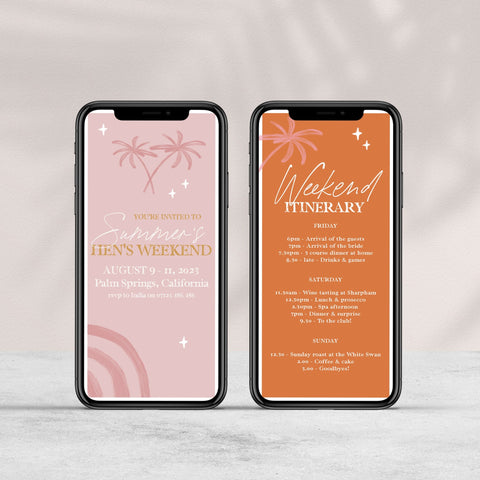 Fully editable and printable hen party mobile weekend invitation with a Palm Springs design. Perfect for a Palm Springs bridal shower themed party