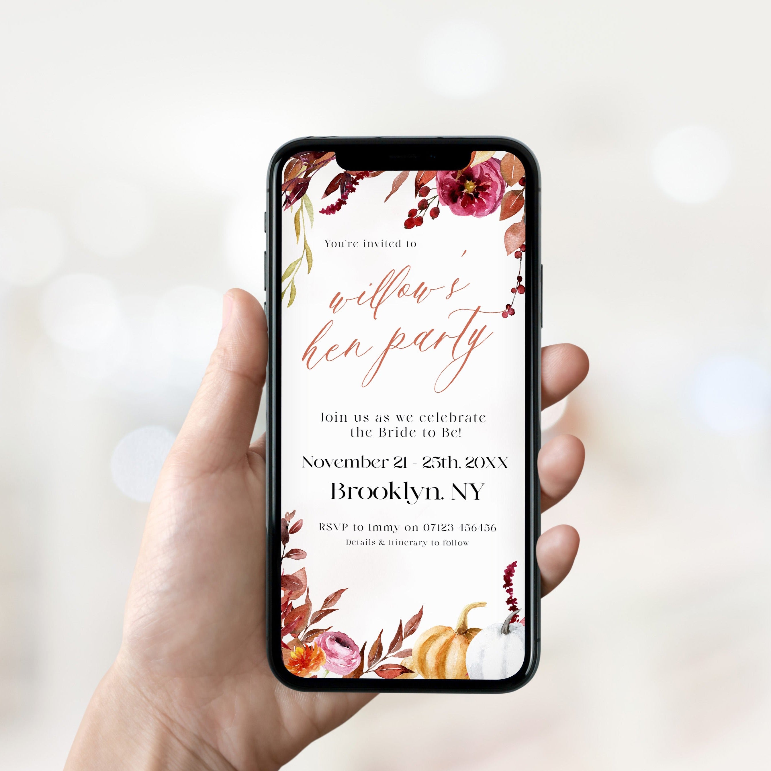 Fully editable hen party mobile invitation with a Fall design. Perfect for a fall floral bridal shower