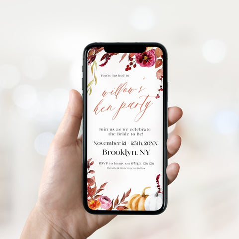 Fully editable hen party mobile invitation with a Fall design. Perfect for a fall floral bridal shower