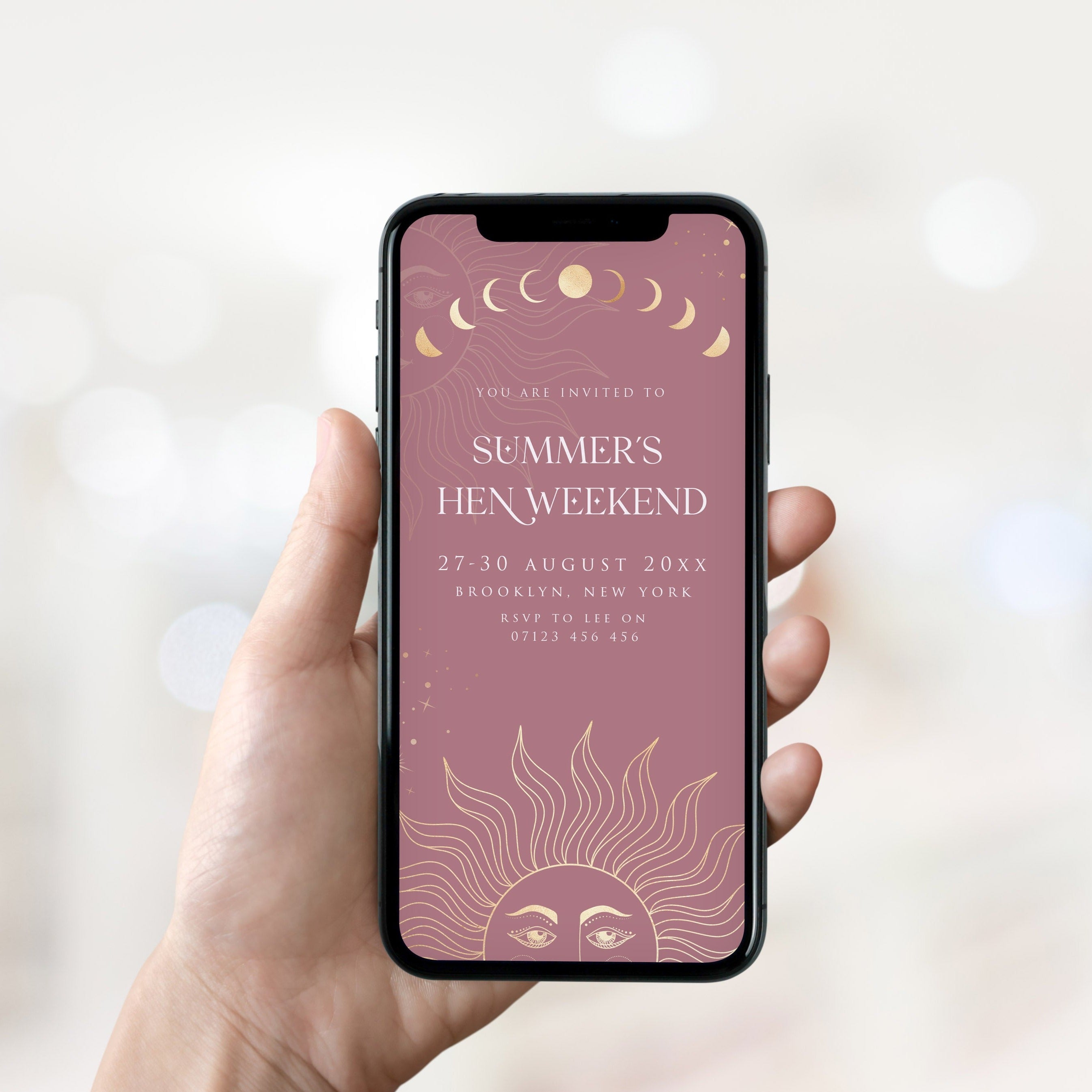 Fully editable and printable hen party weekend mobile invitation with a celestial design. Perfect for a celestial bridal shower themed party